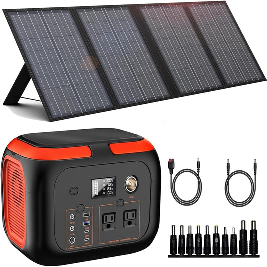 Solar-Generator-600W-Portable-Power-Station-With-60W-Solar-Panel-Included - 296Wh Backup Solar Power Bank with AC Outlets DC USB-C USB QC3.0 for Camping Boat Travel Outdoor Adventures Home Emergency