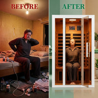 2 Person Extendable FAR Infrared Sauna for Home, Hemlock Wood Low EMF 6 Carbon Heaters Indoor Saunas with LED Lights, Bluetooth Speaker, Digital Control Panel, and Seating Bench — Before & After
