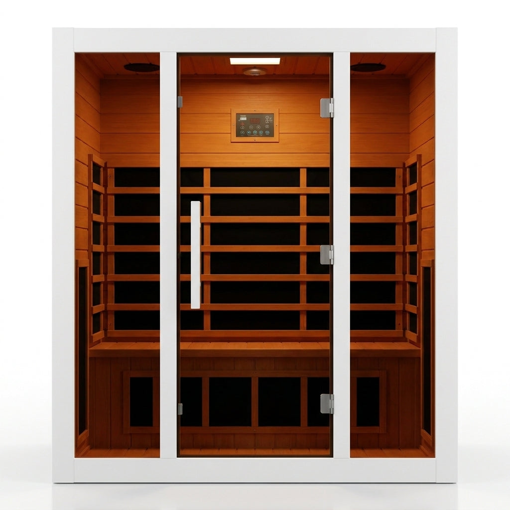 2 Person Extendable FAR Infrared Sauna for Home, Hemlock Wood Low EMF 6 Carbon Heaters Indoor Saunas with LED Lights, Bluetooth Speaker, Digital Control Panel, and Seating Bench — Studio Shot