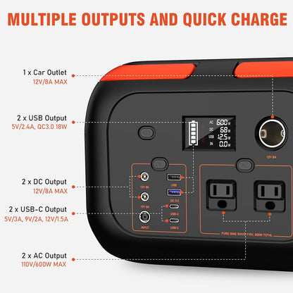 Solar-Generator-600W-Portable-Power-Station-With-60W-Solar-Panel-Included - 296Wh Backup Solar Power Bank with AC Outlets DC USB-C USB QC3.0 for Camping Boat Travel Outdoor Adventures Home Emergency